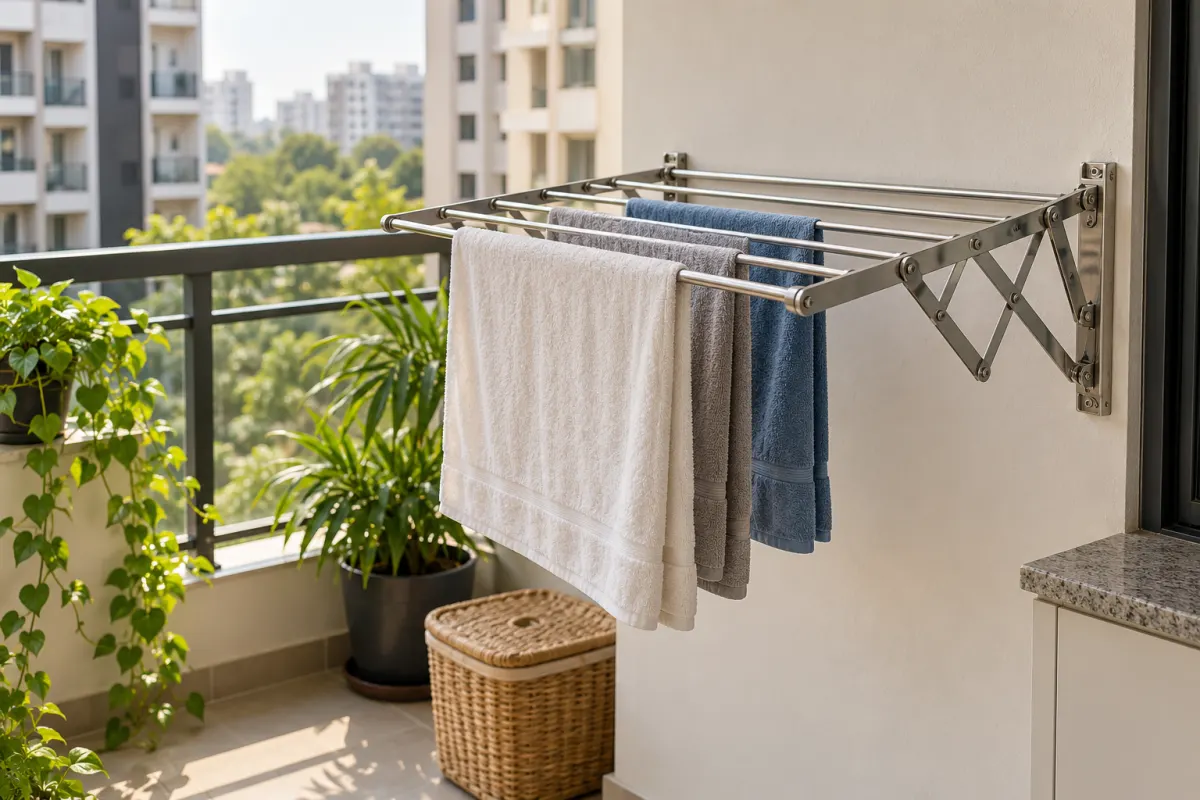 Wall-mounted foldable steel cloth dryer on a balcony