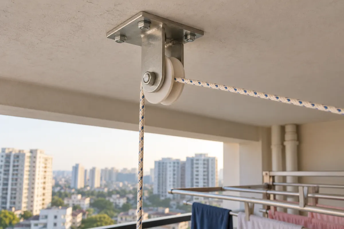Ceiling bracket and pulley for a balcony cloth hanger