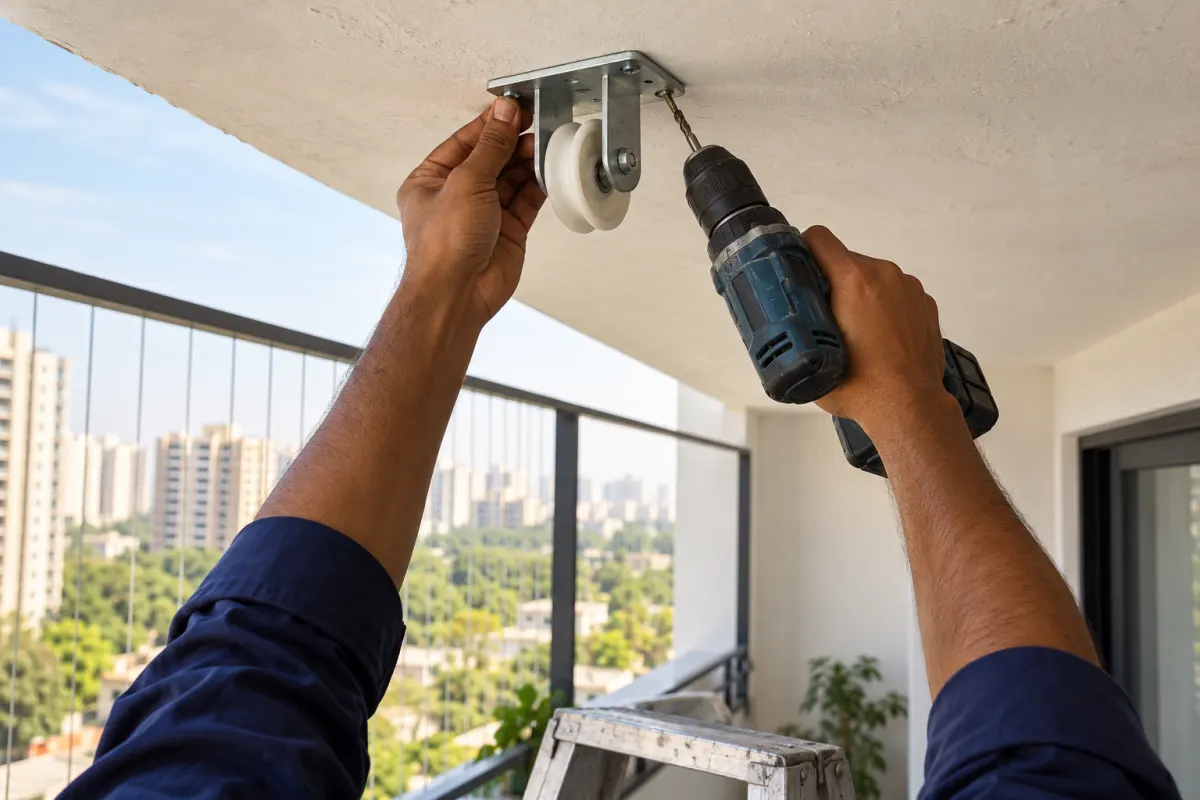Installer drilling a balcony ceiling for a hanger bracket