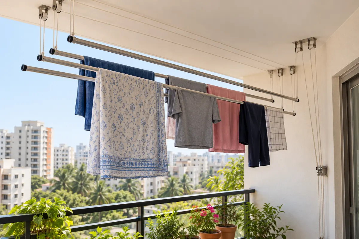Ceiling-mounted pulley cloth hanger on an apartment balcony