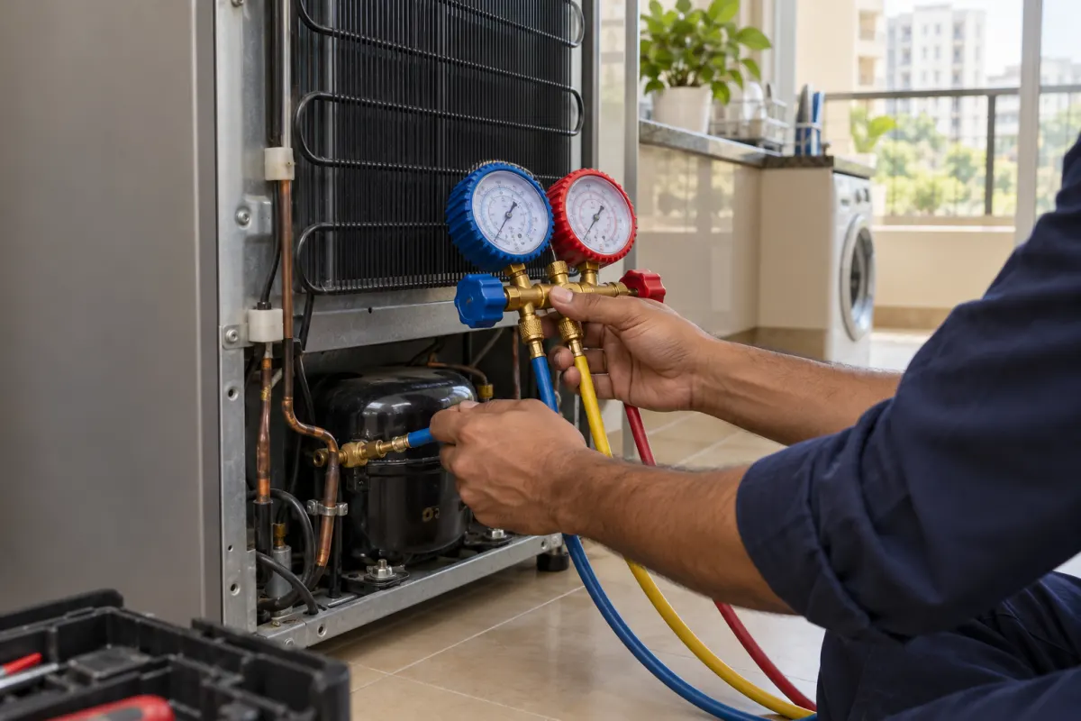 Technician connecting refrigerant gauges to a fridge