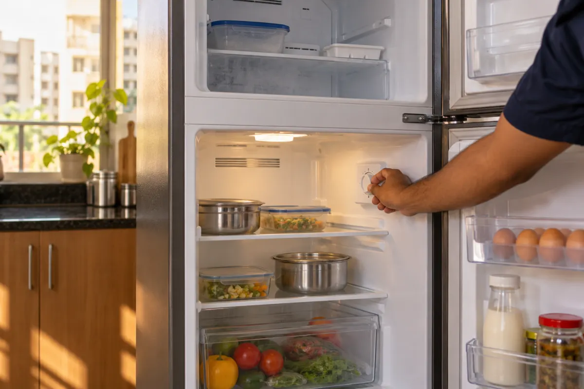 Technician checking the thermostat inside an open fridge