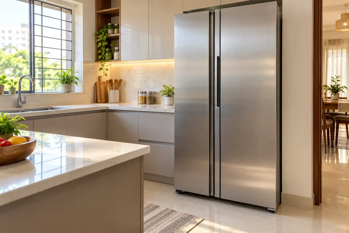 Side-by-side refrigerator in a bright modern kitchen