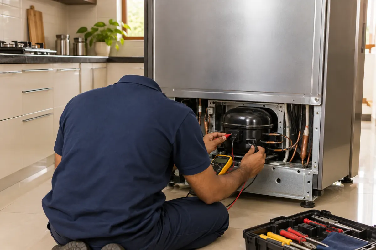 Technician testing a refrigerator compressor with a multimeter