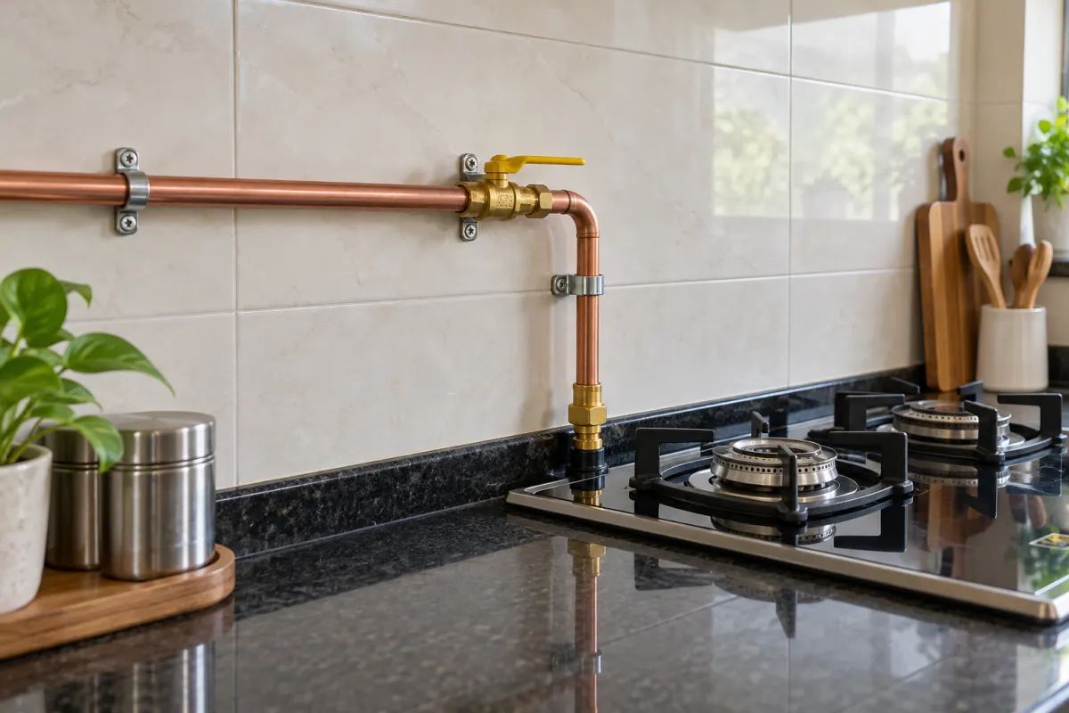 Copper LPG gas pipeline with a brass valve running to a kitchen hob