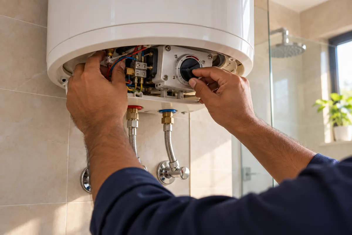 Technician adjusting the thermostat of an electric geyser