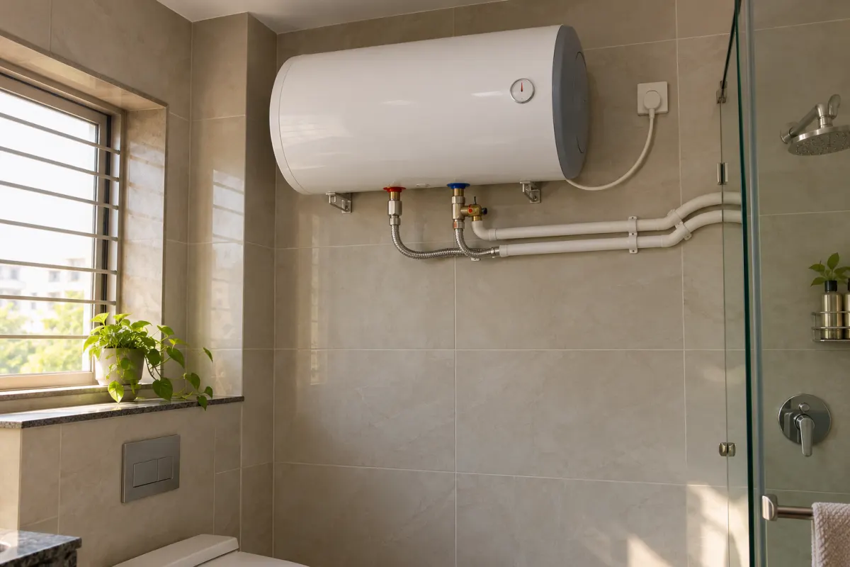 Electric geyser installed on a tiled bathroom wall
