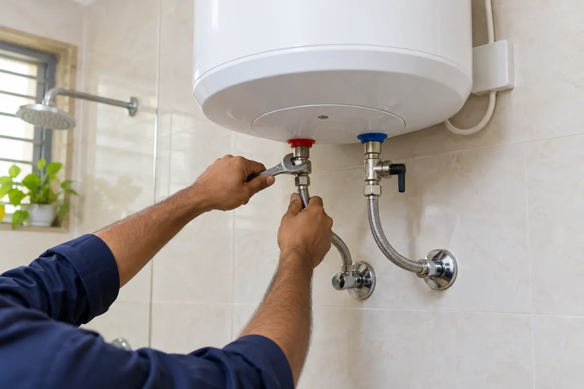 Technician tightening the inlet of a wall-mounted electric geyser