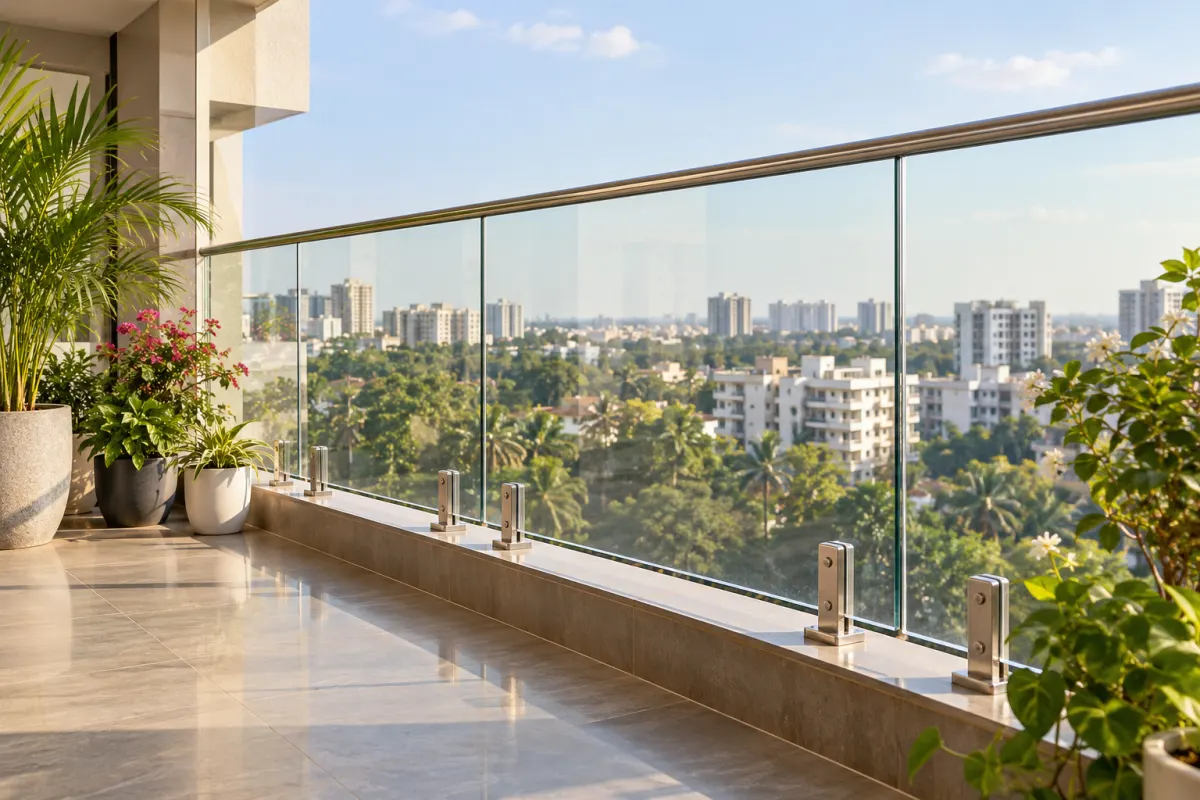 Toughened glass balcony railing with a stainless steel handrail
