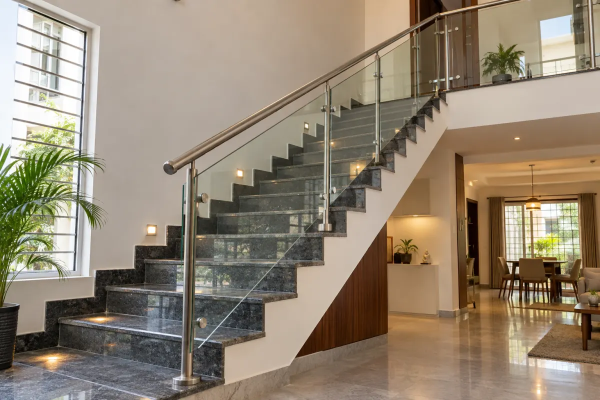 Glass staircase railing with a stainless steel handrail in a duplex home