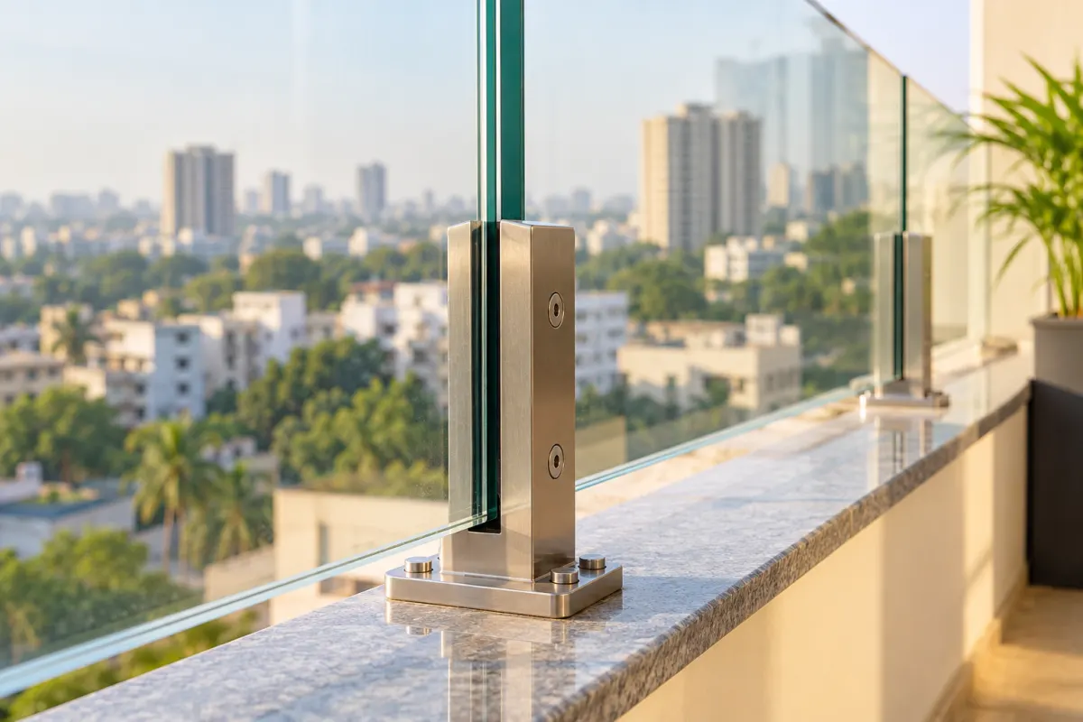 Stainless steel spigot holding a toughened glass balcony panel