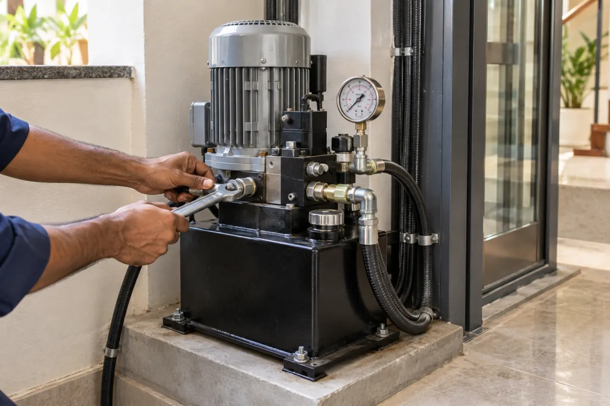 Technician servicing the hydraulic power unit of a home lift