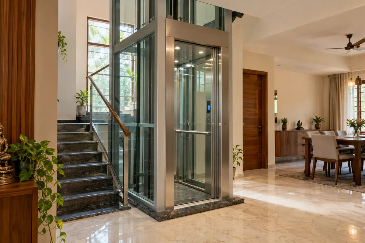 Glass-cabin hydraulic home lift in a modern house