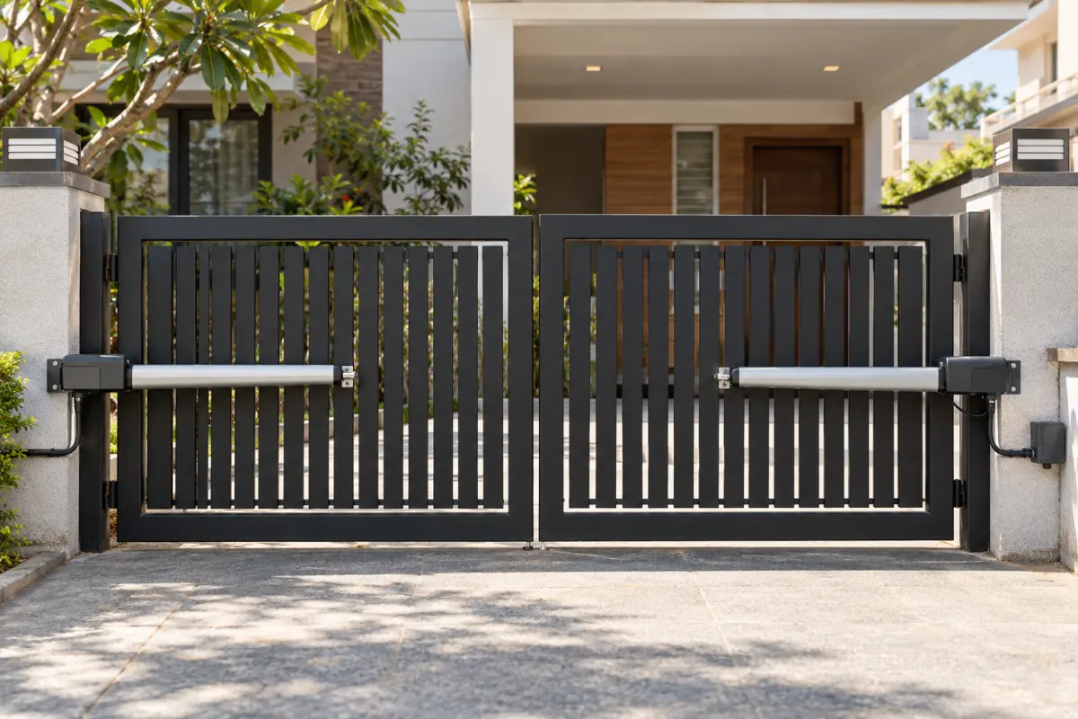 Automatic hydraulic gate arms on a house gate