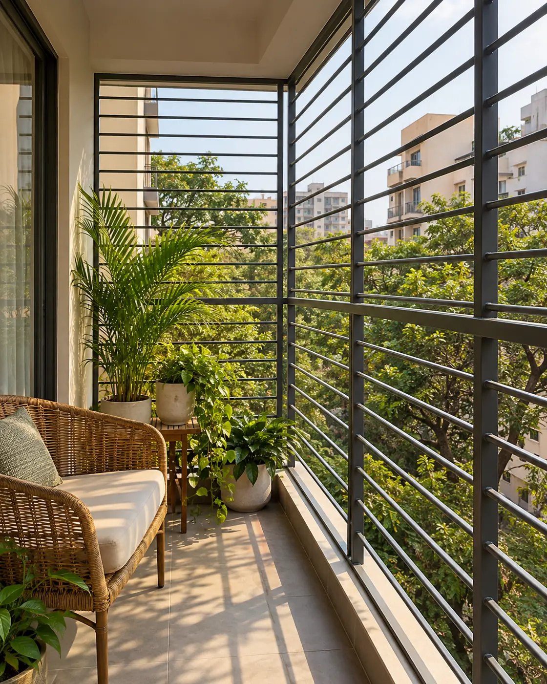 Balcony enclosed by a modern charcoal MS safety grill