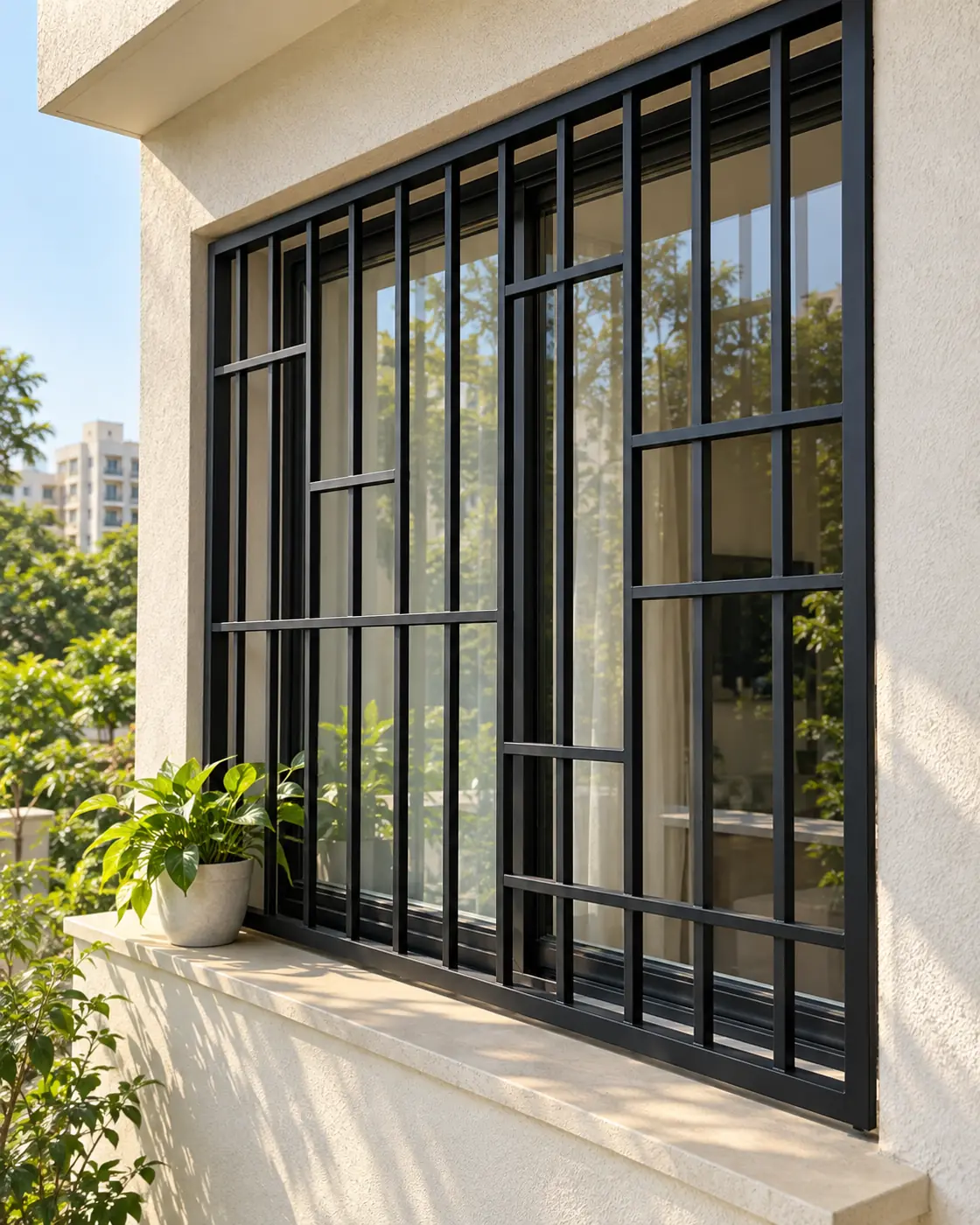 Window with a steel safety grill on a warm ochre wall