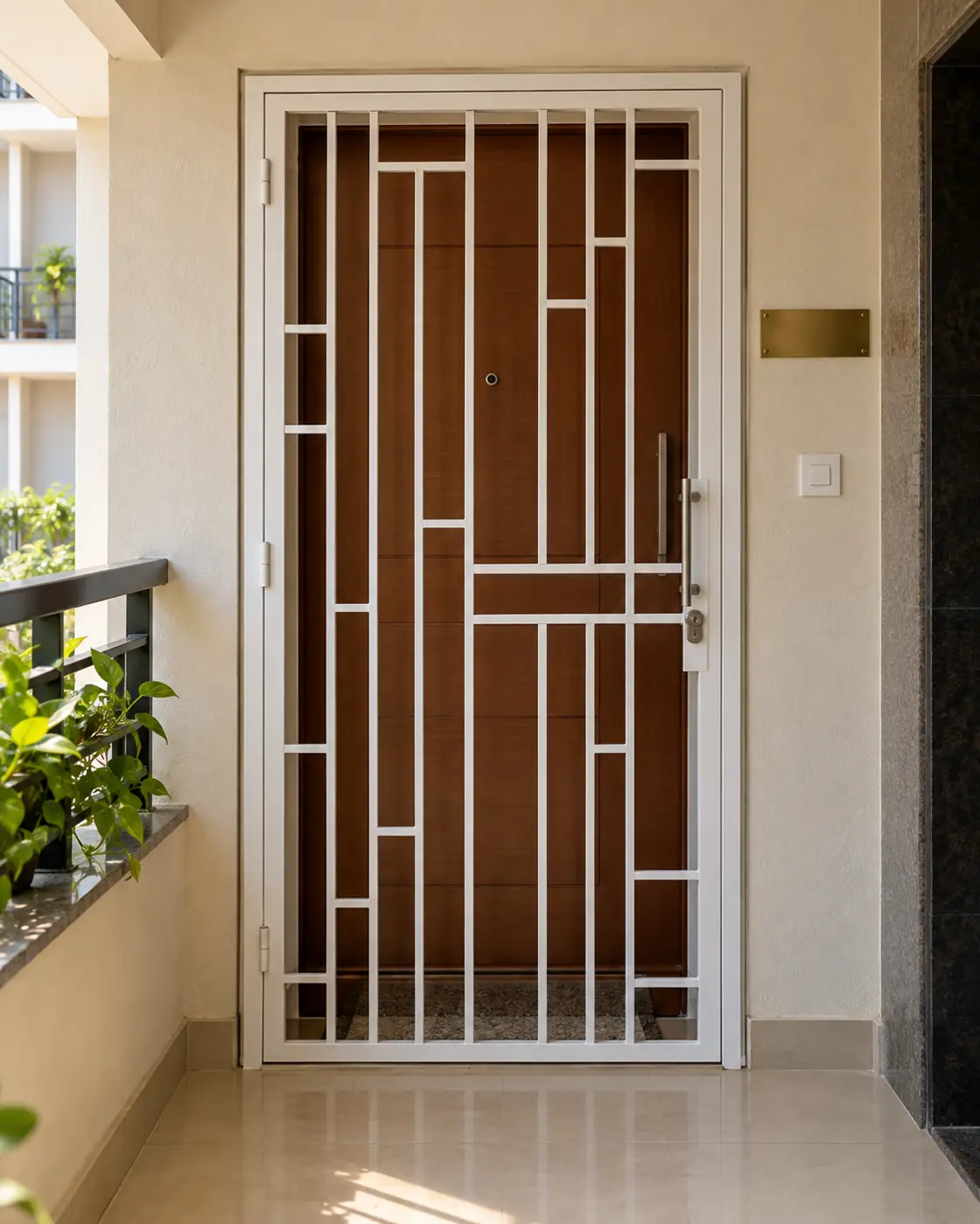 White MS safety door with a geometric pattern