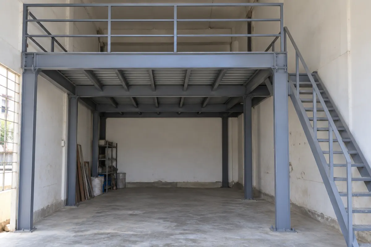 Mild steel mezzanine floor frame in a shop