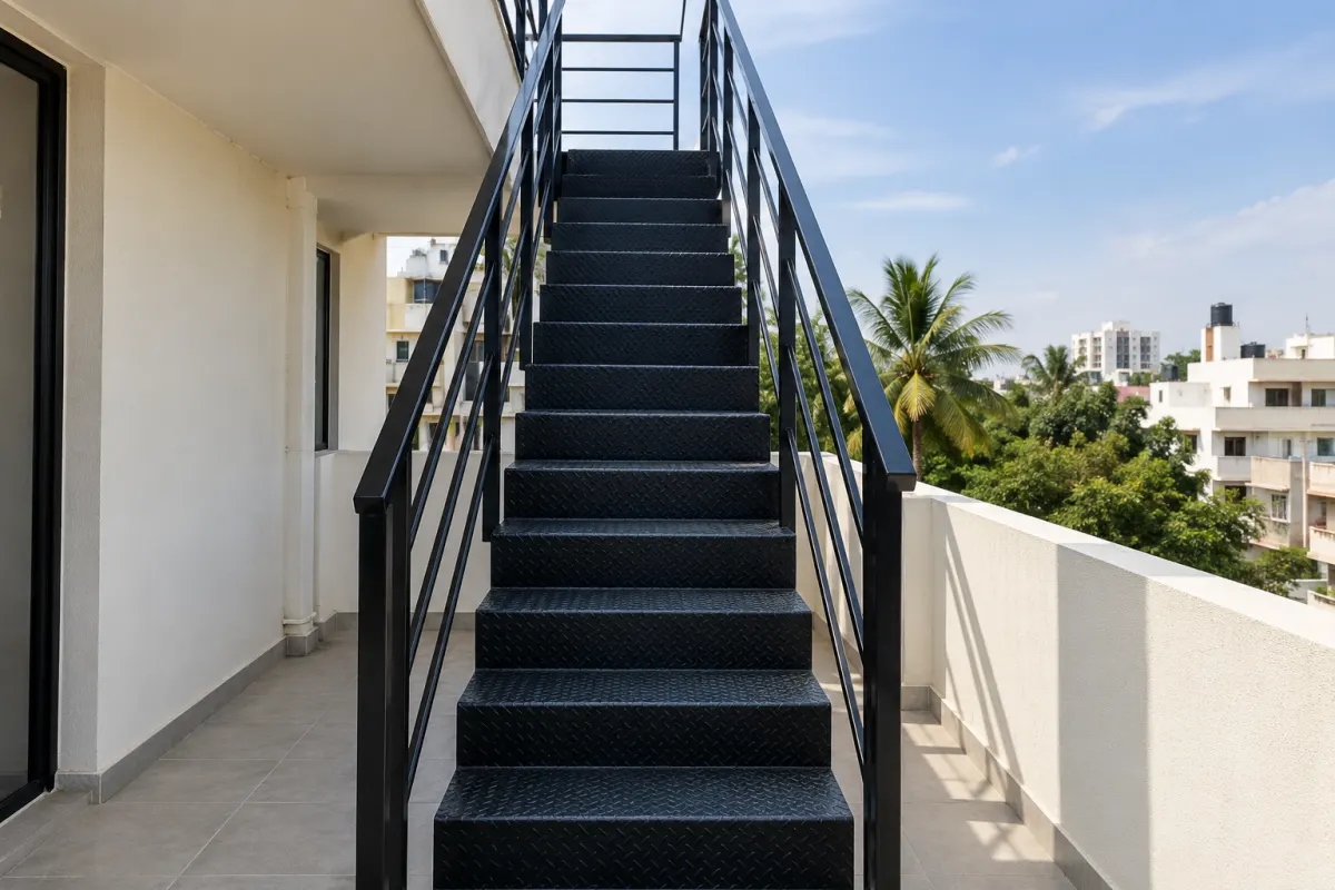 Mild steel staircase with chequered plate steps to a terrace