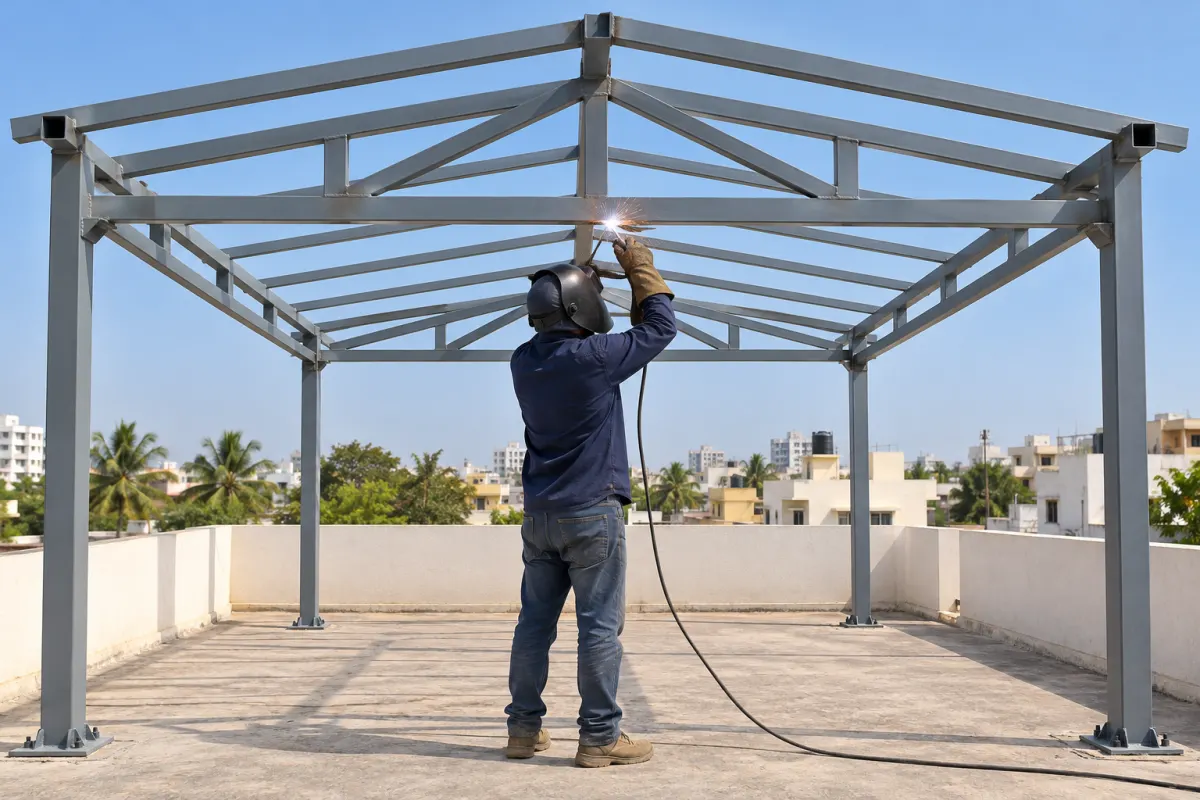 Fabricator welding a mild steel shed frame on a Bangalore terrace