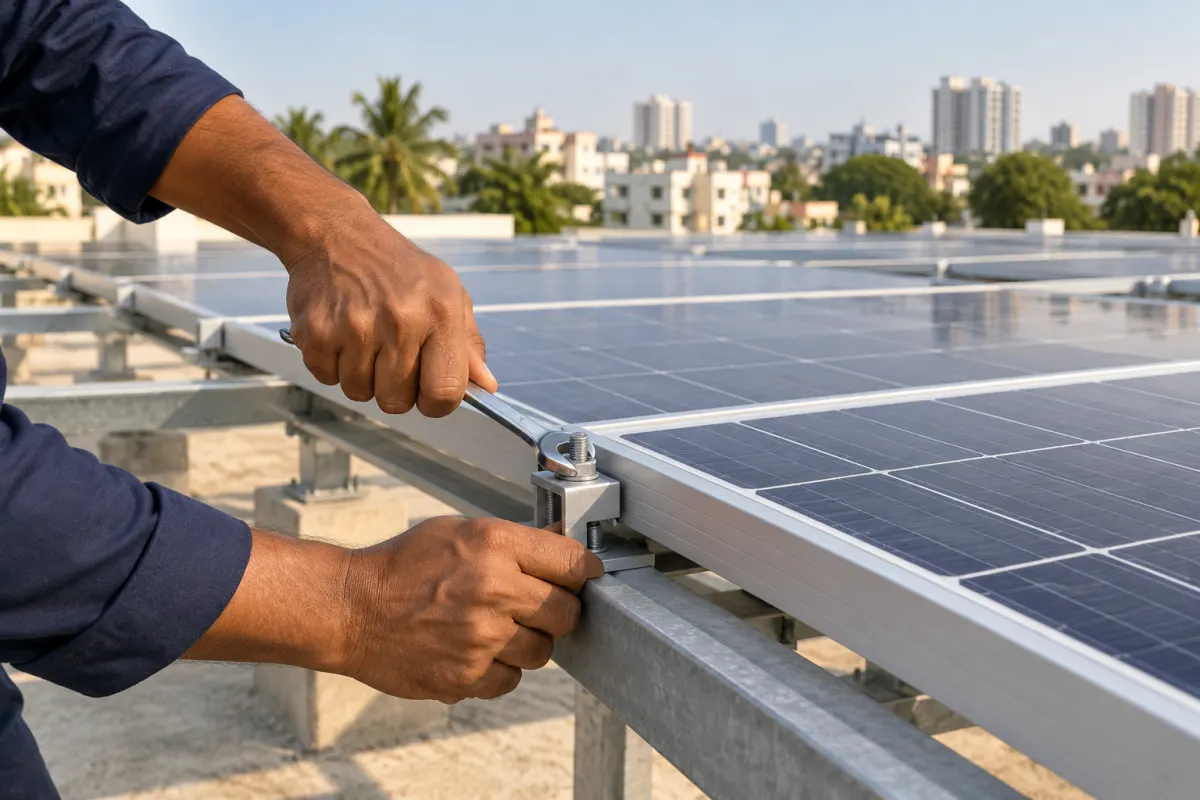 Installer tightening a clamp on a rooftop solar panel rail