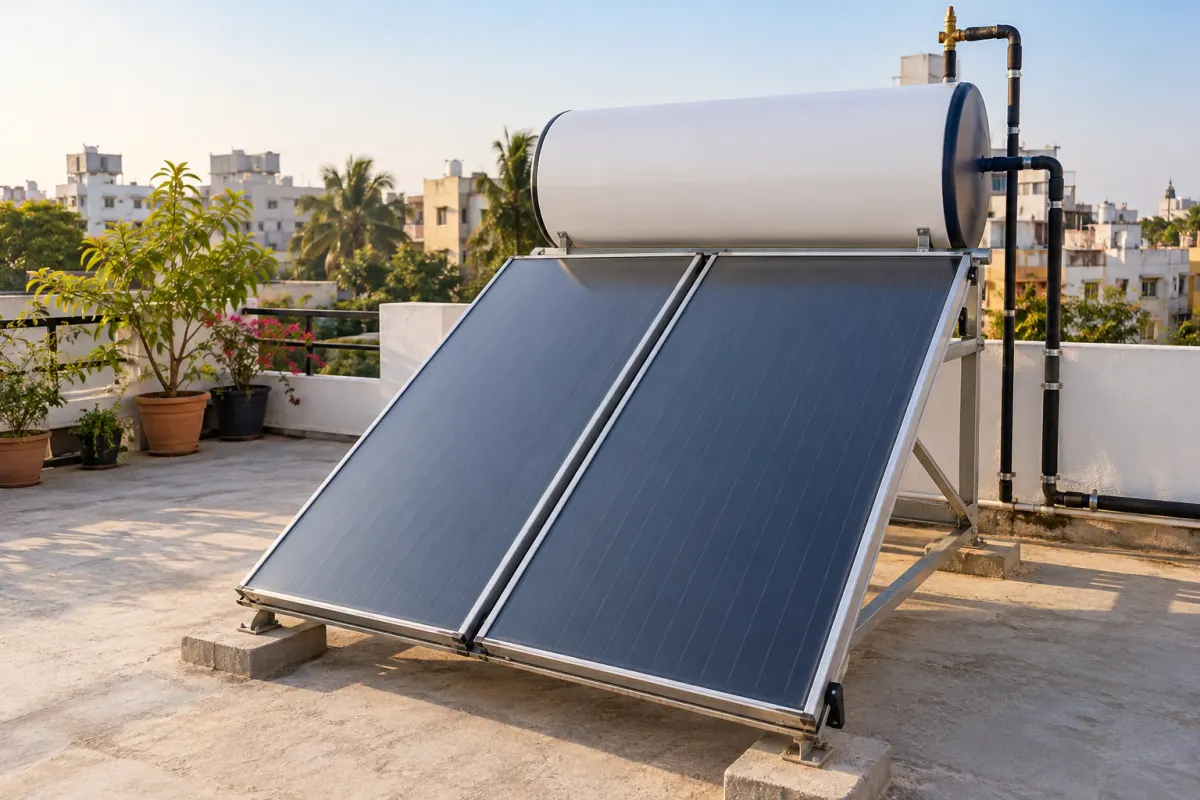 Flat plate solar water heater on a Bangalore terrace