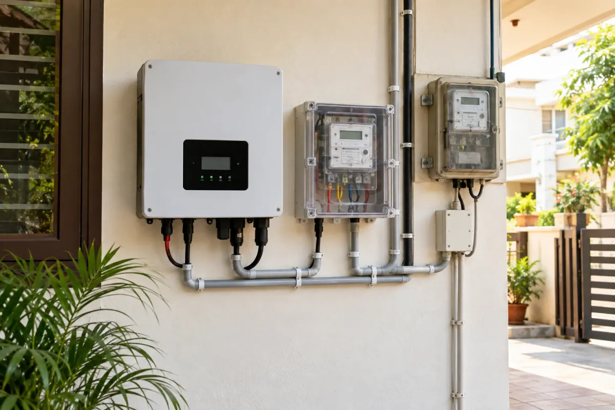 Solar inverter and net meter wired on a house wall