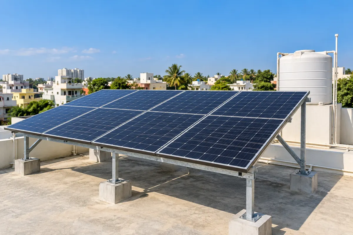 Rooftop solar panels on the terrace of a Bangalore house