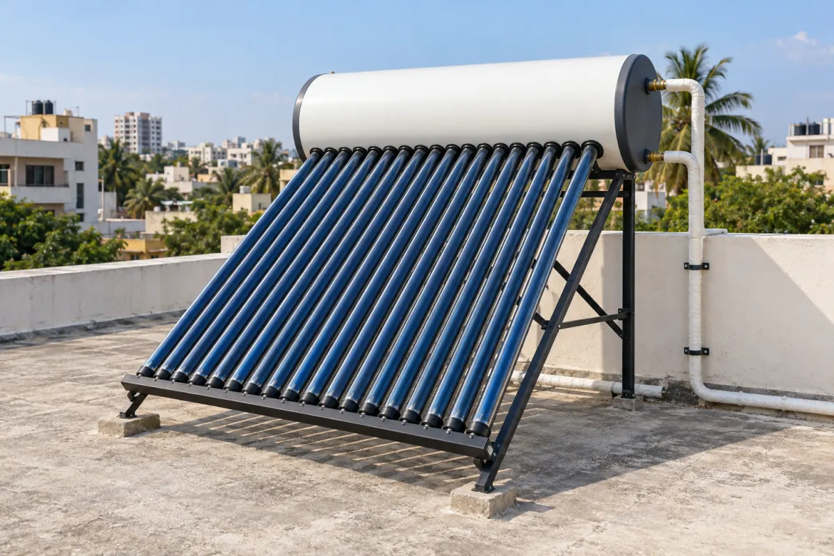 Evacuated tube solar water heater on a Bangalore terrace