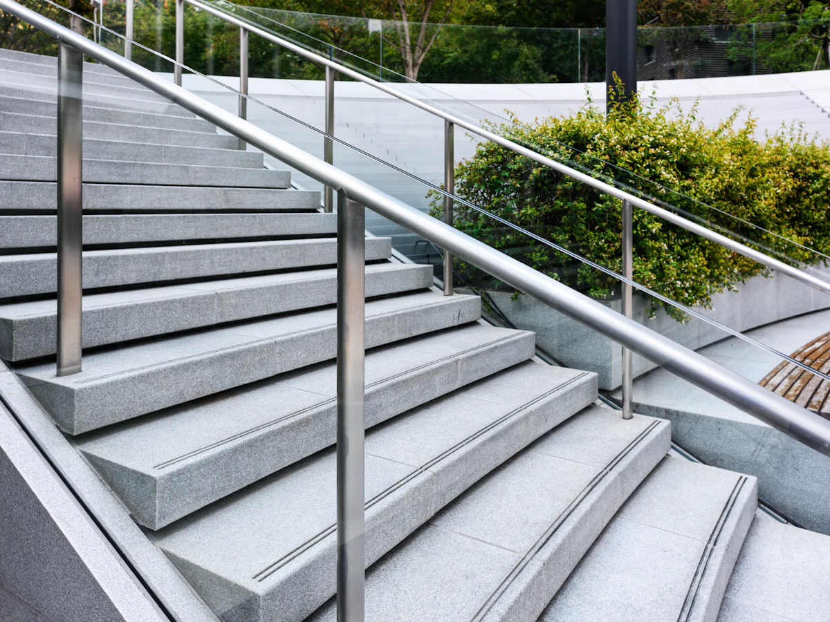 Steel handrails on outdoor steps