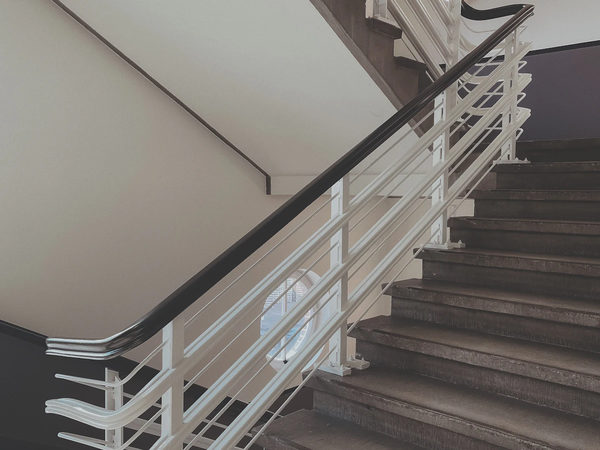 Steel railing on an indoor staircase