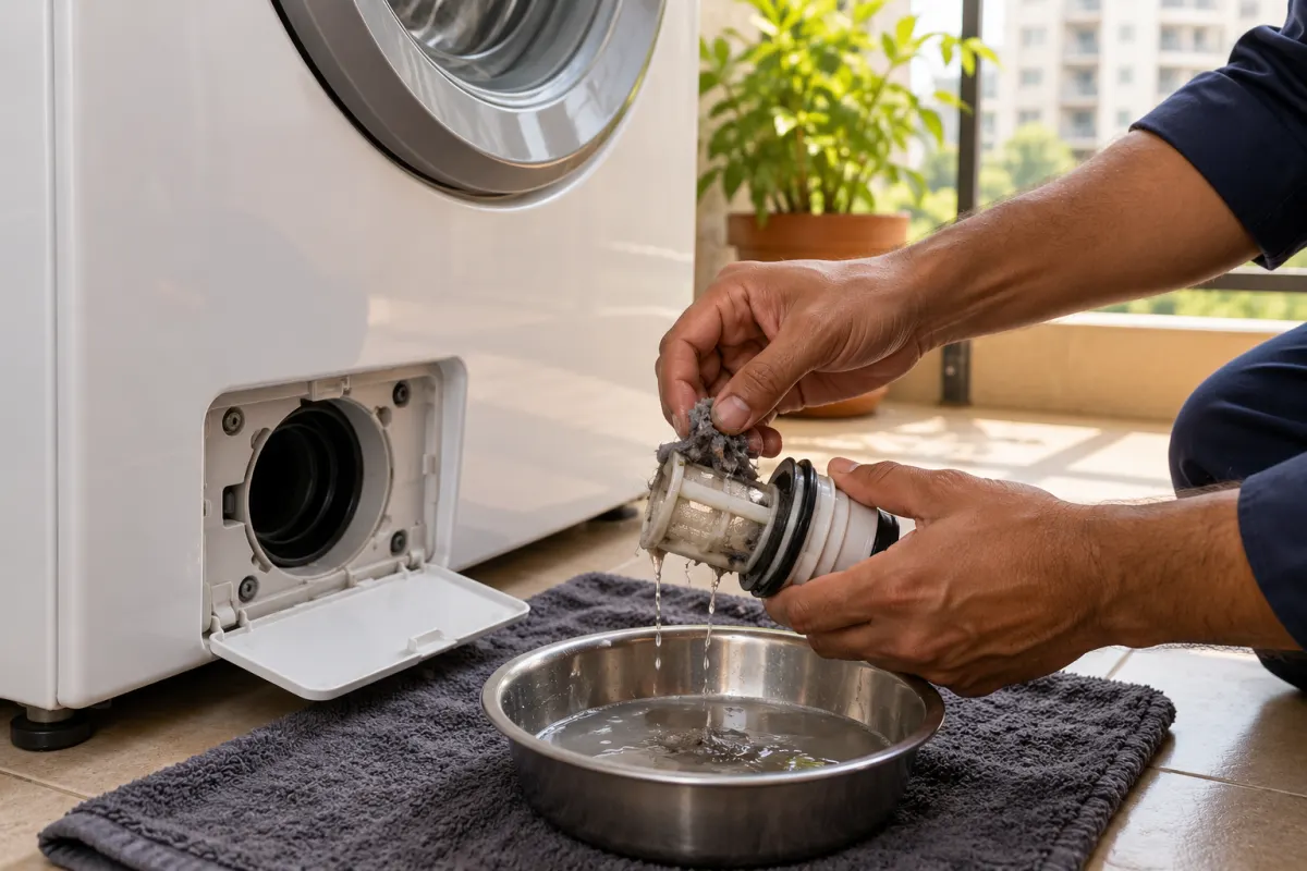Technician cleaning the drain filter of a front-load washer