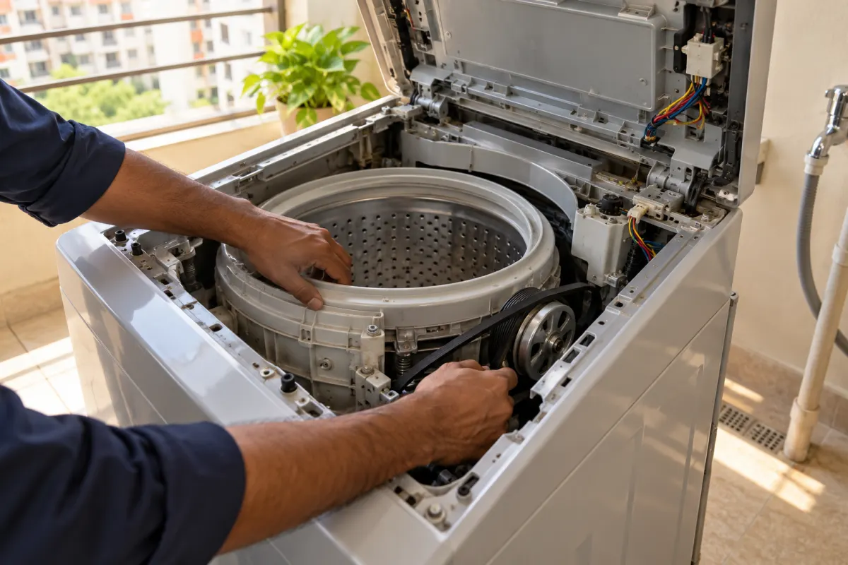 Technician checking the drum and belt of a top-load washer