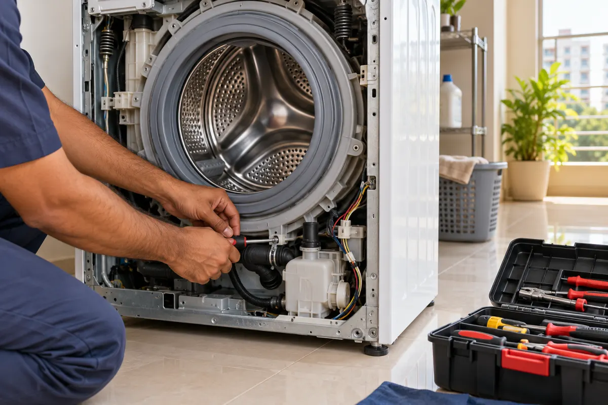 Technician repairing an open front-load washing machine