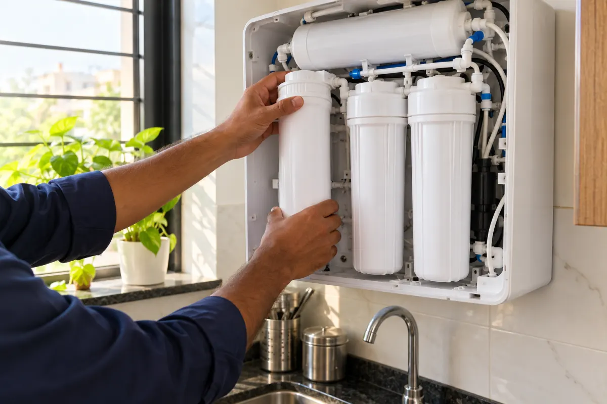 Technician replacing a filter in a wall-mounted RO water purifier