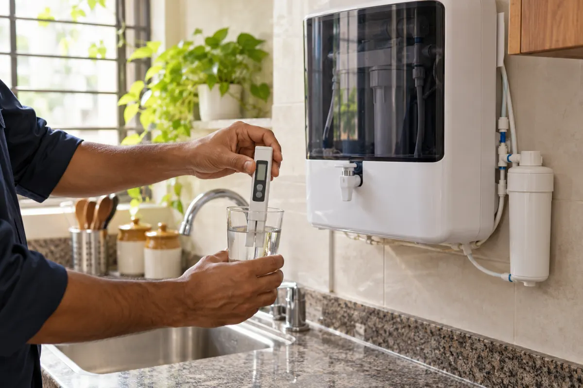 Technician checking water TDS beside an RO purifier