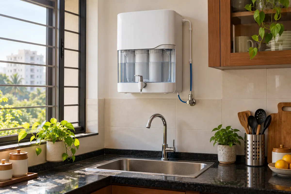 Wall-mounted RO water purifier above a kitchen sink