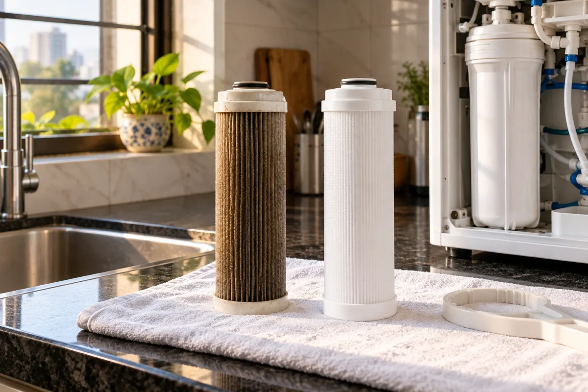 Used and new purifier filter cartridges side by side